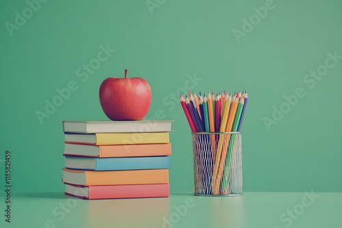 Books, apple, pencils, green background, school supplies photo