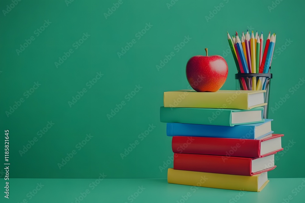 Stacked books, apple, pencils, green background, classroom Stacked books, apple, pencils, green background, classroom