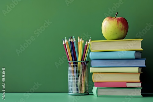 Classroom Apple, books, pencils, green background, education photo