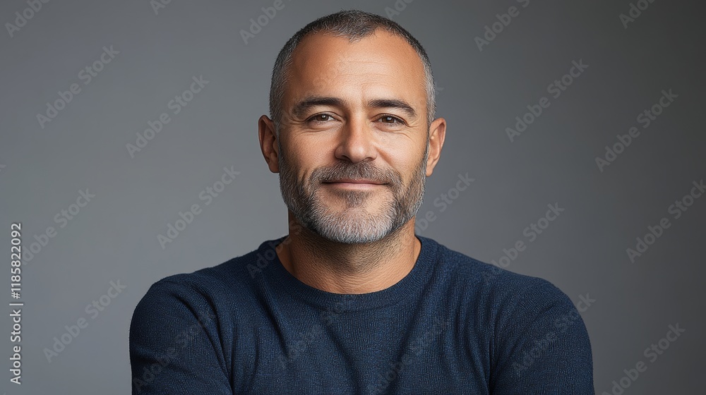 Man with a beard and gray hair is smiling for the camera. He is wearing a blue shirt and a gray hat Man with a beard and gray hair is smiling for the camera. He is wearing a blue shirt and a gray hat