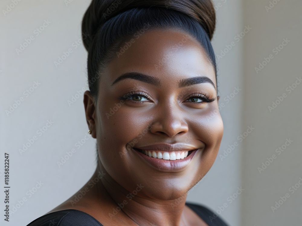 Beautiful Black plus-size woman, smiling, clean background