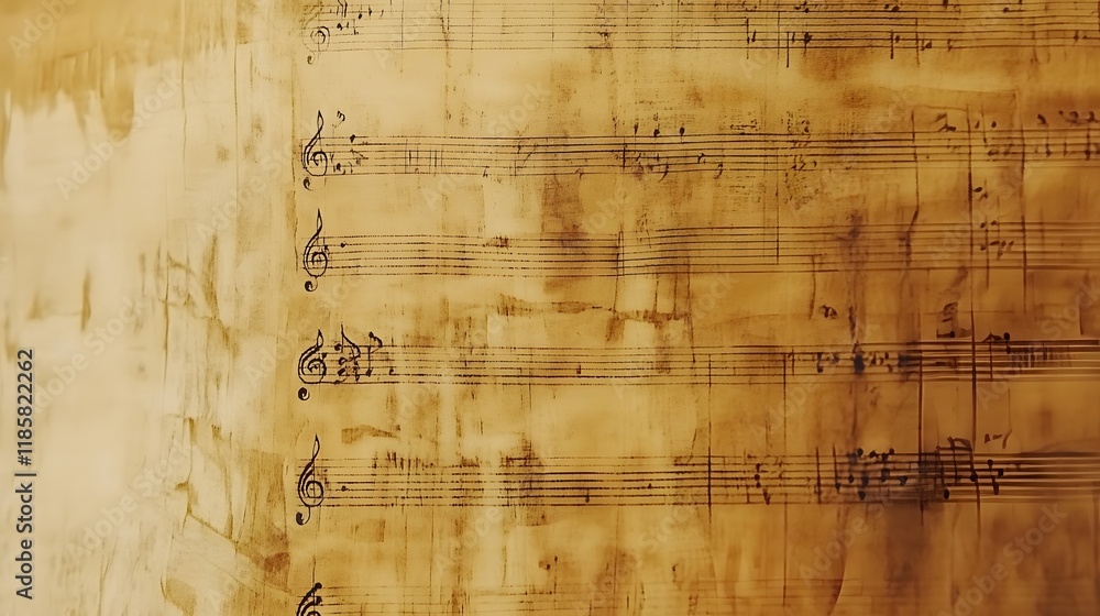 Fototapeta premium Aged Musical Score Sheet Displays Notes and Clefs
