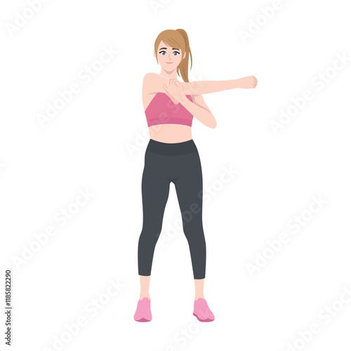 Woman stretching to warm up or cool down before or after exercise. Flat vector character illustration