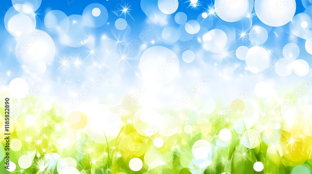 Fototapeta premium Spring Meadow Bright Bokeh Background Green Grass Summer Sky