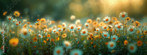 Close-up of daisies with warm sunlight