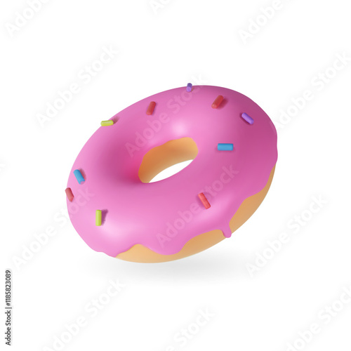 3d realistic donut with pink icing and colorful sprinkles icon isolated on white background. Glazed donut Vector