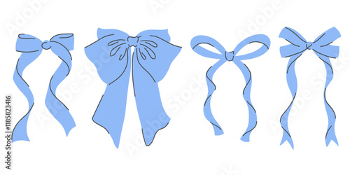 Blue bows with ribbons and knots, featuring a cute, flat, vintage cartoon style. Vector illustrations set perfect for gifts, hair, holidays, and birthday designs isolated on white background