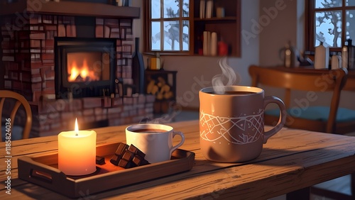 Mug with hot tea, coffee or chokolate standing on wooden table in a cozy living room with fireplace. Cozy winter day
 photo