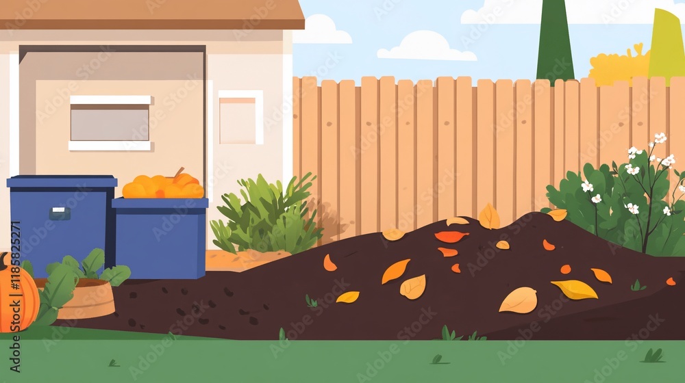 Autumn Backyard Compost Pile with Pumpkins and Fall Leaves Autumn Backyard Compost Pile with Pumpkins and Fall Leaves