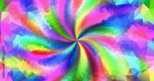 A dynamic spiral pattern bursts with vivid colors and geometric shapes, captivating the eye with its energetic design. This artistic creation evokes a sense of movement and joy.