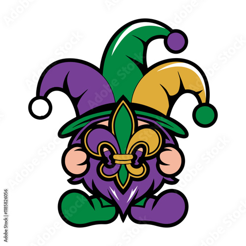 Mardi Gras Gnome with Jester Hat and Fleur de Lis Illustration