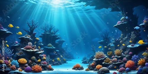 Fototapeta Naklejka Na Ścianę i Meble -  Colorful coral reef with many fish swimming around. Background. Graphics. Design.