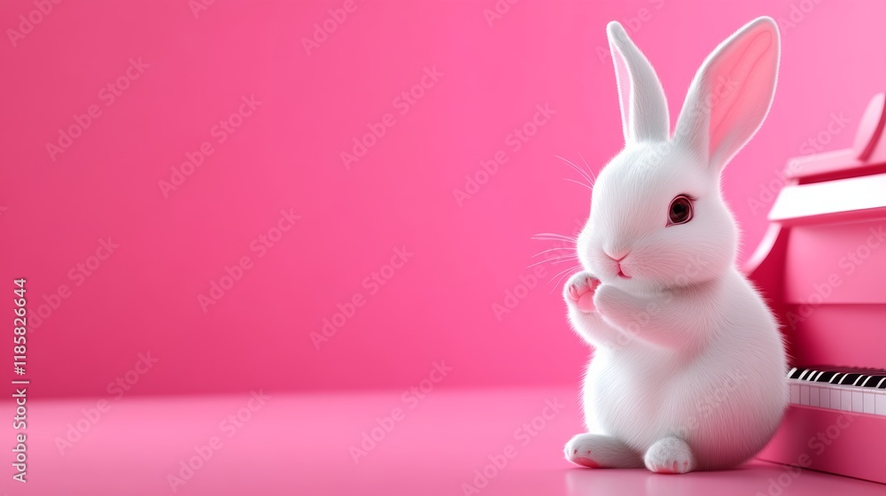 Cute white rabbit is sitting on a pink background in front of a piano. Concept of innocence and playfulness, as the rabbit is enjoying its time near the piano Cute white rabbit is sitting on a pink background in front of a piano. Concept of innocence and playfulness, as the rabbit is enjoying its time near the piano