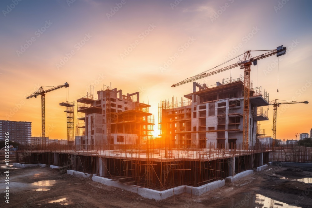 Cranes working on construction site building modern residential apartments at sunset Cranes working on construction site building modern residential apartments at sunset