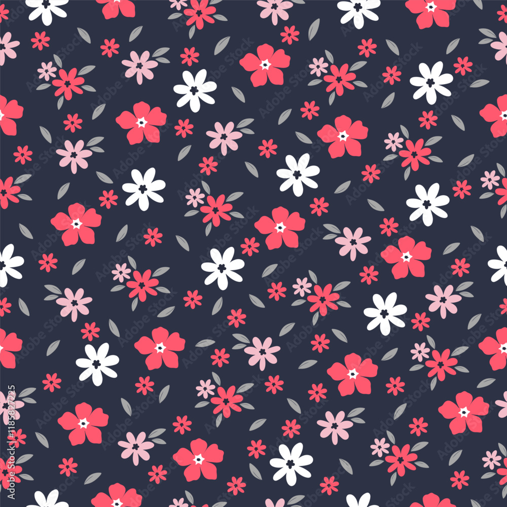 Seamless pattern with small flowers on blue background. Hand drawn floral pattern for your fabric, summer background, wallpaper, backdrop, textile. Vector illustration Seamless pattern with small flowers on blue background. Hand drawn floral pattern for your fabric, summer background, wallpaper, backdrop, textile. Vector illustration