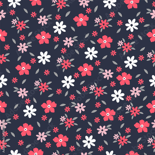  Seamless pattern with small flowers on blue background. Hand drawn floral pattern for your fabric, summer background, wallpaper, backdrop, textile. Vector illustration