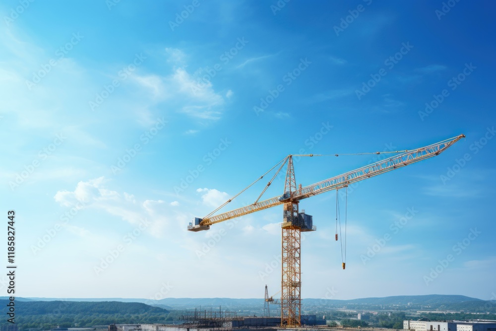 Tower crane rising against a vibrant blue sky, symbolizing urban development and construction progress Tower crane rising against a vibrant blue sky, symbolizing urban development and construction progress