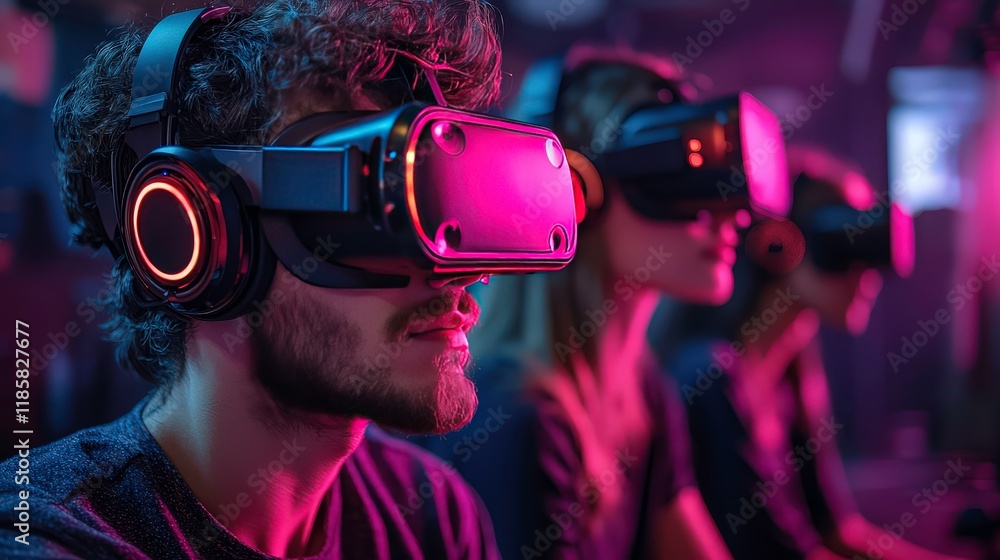 Engaging Group of Young Adults Immersed in Virtual Reality Experience with Neon Lighting in a Modern Gaming Environment Engaging Group of Young Adults Immersed in Virtual Reality Experience with Neon Lighting in a Modern Gaming Environment