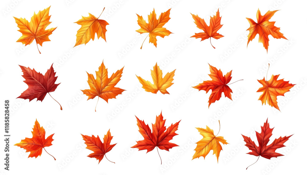 Vibrant Collection of Autumn Maple Leaves in Various Shades of Red and Orange Isolated on White Background Vibrant Collection of Autumn Maple Leaves in Various Shades of Red and Orange Isolated on White Background