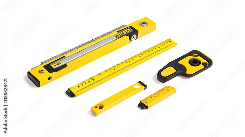 Yellow and Black Measuring Tools Set on White Background for Construction and DIY Projects Yellow and Black Measuring Tools Set on White Background for Construction and DIY Projects