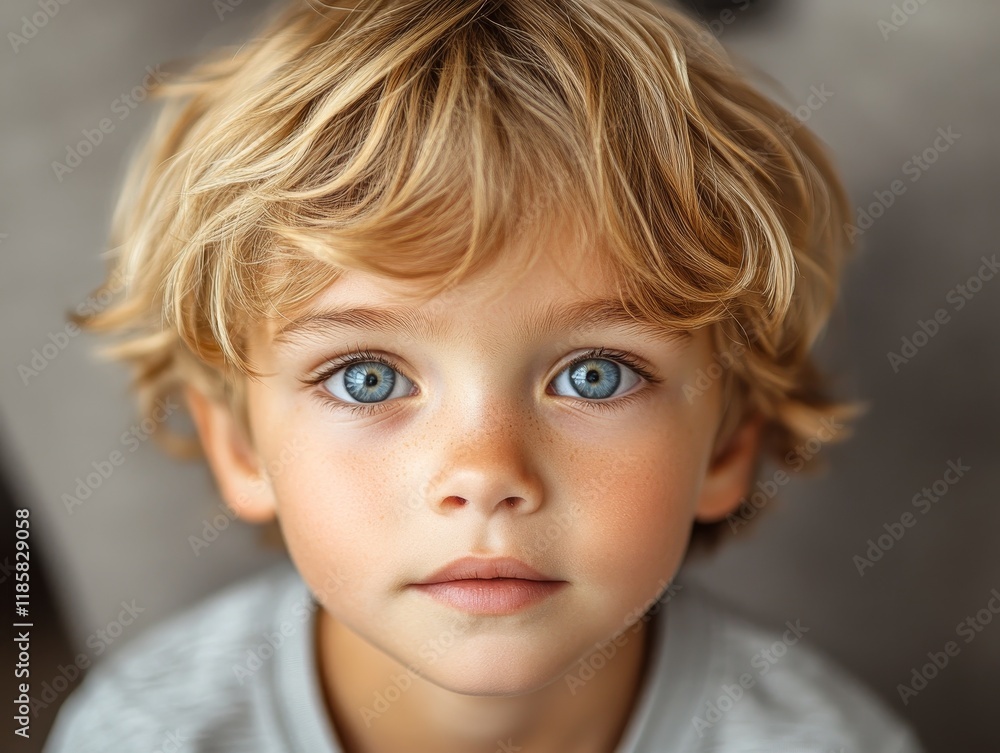 Portrait of a young child with curly blonde hair and captivating blue eyes, looking directly into the camera. Portrait of a young child with curly blonde hair and captivating blue eyes, looking directly into the camera.