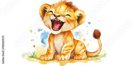 The image is a colorful, cartoon-like illustration of a lion cub with a big, toothy grin, sitting on the ground with a few splashes of watercolor paint around it