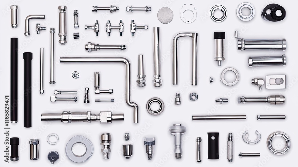 Obraz premium Assorted Stainless Steel Plumbing and Industrial Pipe Fittings on White Background
