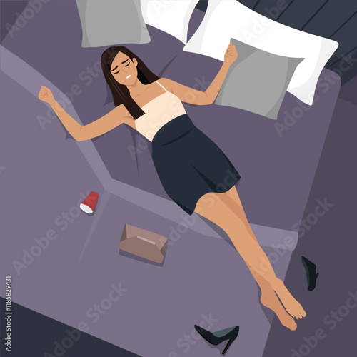 Woman lying on her bed drunk and passed out in a messy room after a party. Flat vector character illustration