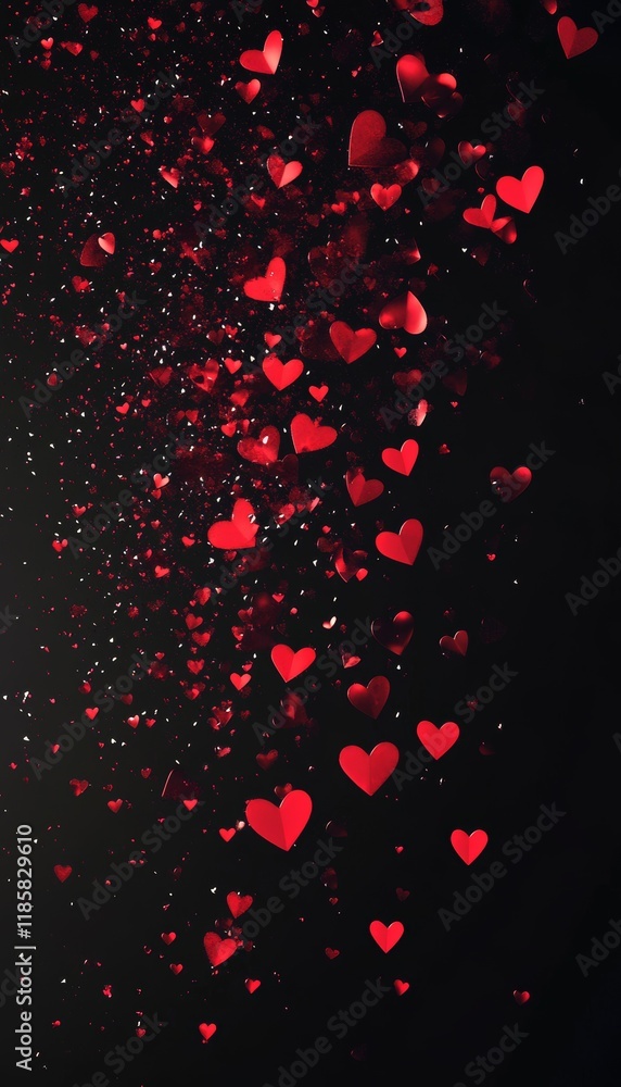 A cascade of red hearts gracefully floating against a dark background, symbolizing love and romance in a striking display. A cascade of red hearts gracefully floating against a dark background, symbolizing love and romance in a striking display.