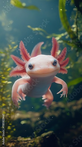 A vibrant axolotl gracefully swims through its natural underwater habitat, showcasing its unique features and ethereal beauty. photo