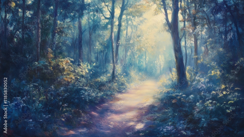 Obraz premium A mystical forest path bathed in soft morning light, symbolizing spiritual connection with nature