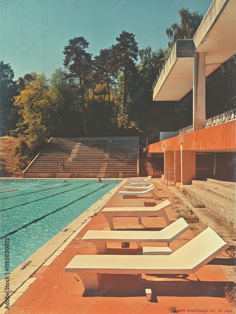 Fototapeta premium Vintage outdoor swimming pool scene featuring empty lounge chairs, diving boards, and surrounding trees under a clear sky.
