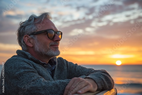 Elderly man in sunglasses calmly gazes at a vibrant sunset by the ocean, exuding tranquility and peacefulness. photo