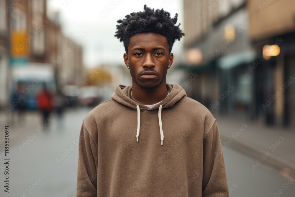 Obraz premium Portrait of a serious young man with afro hair wearing a brown hoodie standing in a city street