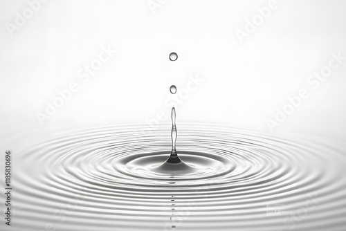 Water droplet falling, creating ripples, white background, purity concept photo