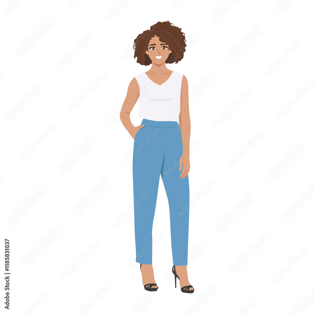 Confident office lady with hands on hips. Flat vector character illustration Confident office lady with hands on hips. Flat vector character illustration