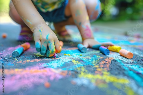 Child drawing with colorful chalks on the ground photo