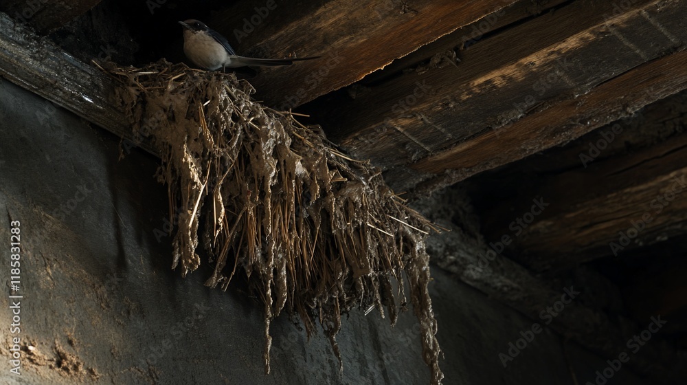Fototapeta premium Bird perched on its nest built under a rustic wooden ceiling.