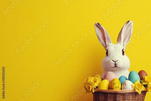 Rabbit is standing in front of a basket of Easter eggs. The basket is filled with a variety of eggs, including some that are yellow and some that are white photo