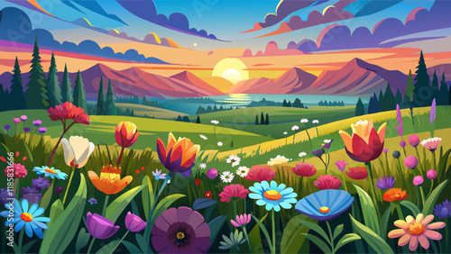 Beautiful scenic colorful wild flower field meadow sunset evening sunrise morning summertime nature landscape panorama. Vibrant multicolored countryside rural steppe dawn wide panoramic banner
