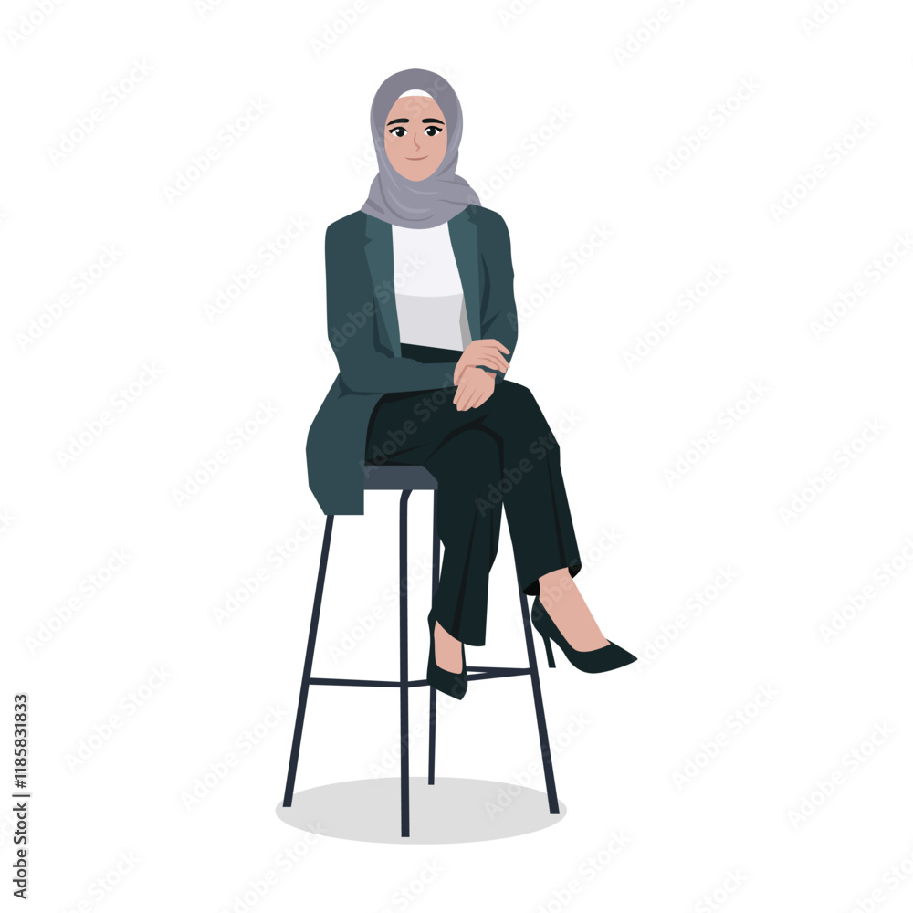 Fototapeta premium Young Woman sit on the stool with crossed legs in formal wear. Flat vector character illustration