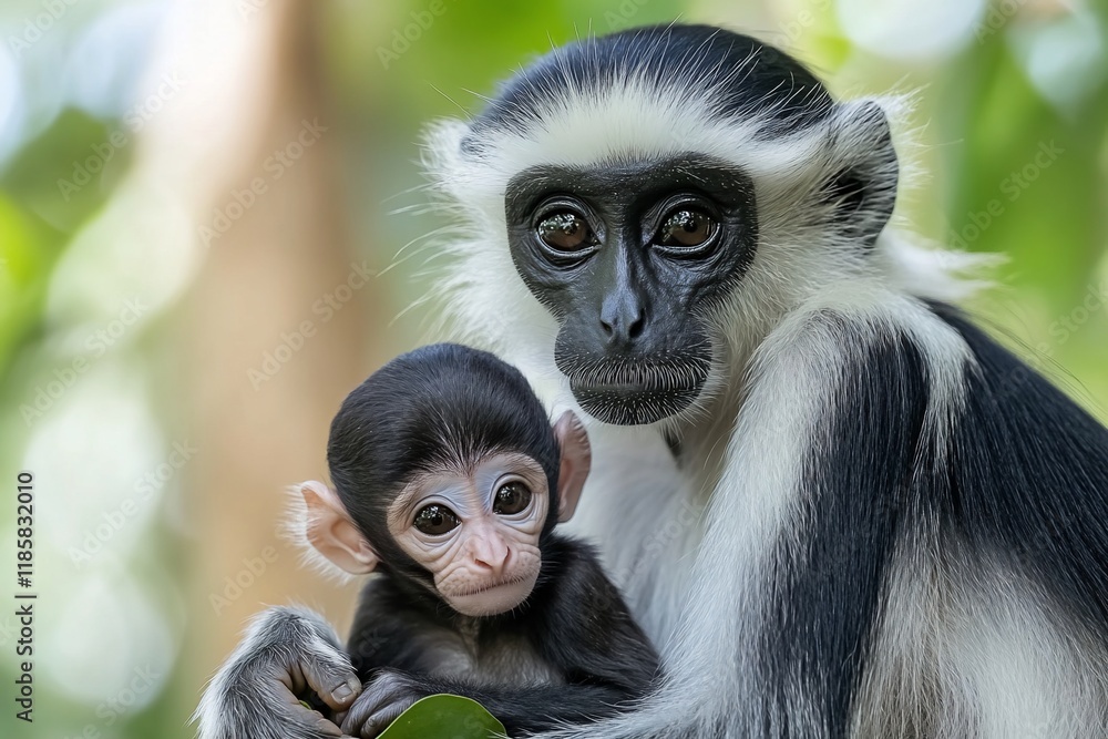 Black and white colobus monkey mother cradles her baby. Black and white colobus monkey mother cradles her baby.