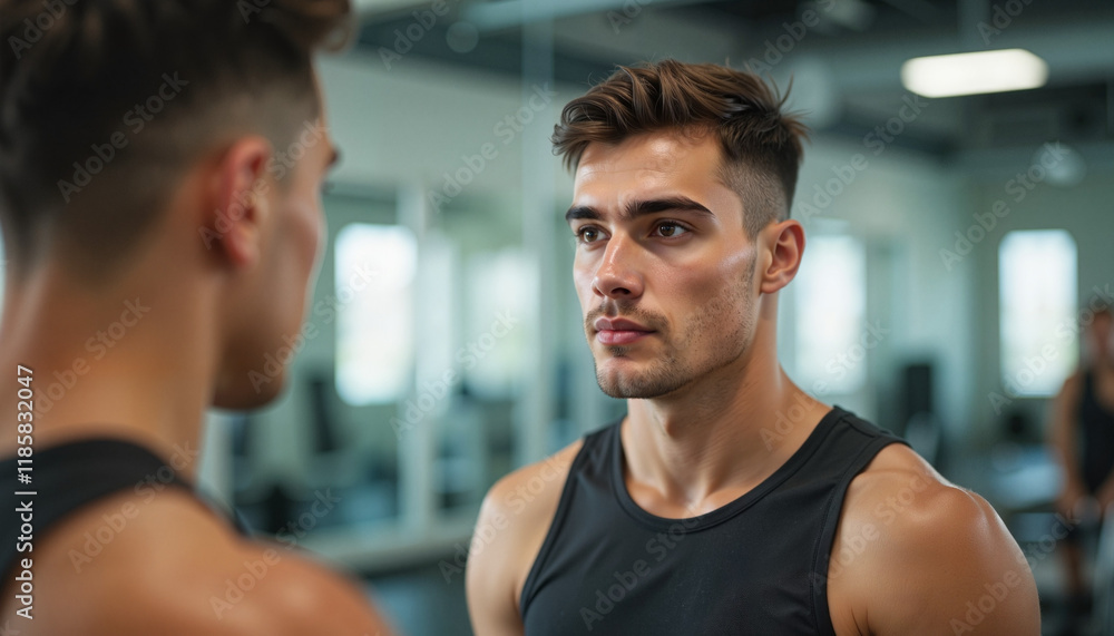 Reflective contemplation by young man in gym mirror, self-awareness Reflective contemplation by young man in gym mirror, self-awareness