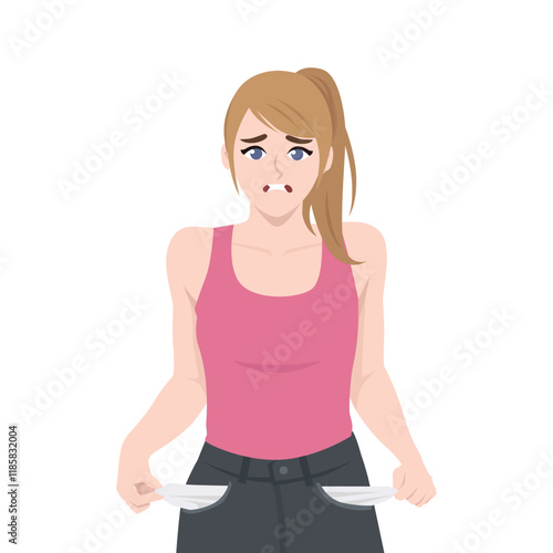 Woman with pockets turned outward. Flat vector character illustration
