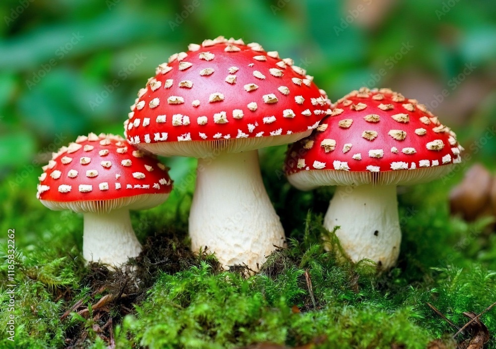 Three vibrant red toadstools with white spots emerge from lush green moss in a forest. Three vibrant red toadstools with white spots emerge from lush green moss in a forest.
