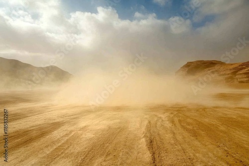 Desert dust storm blowing across sandy road photo