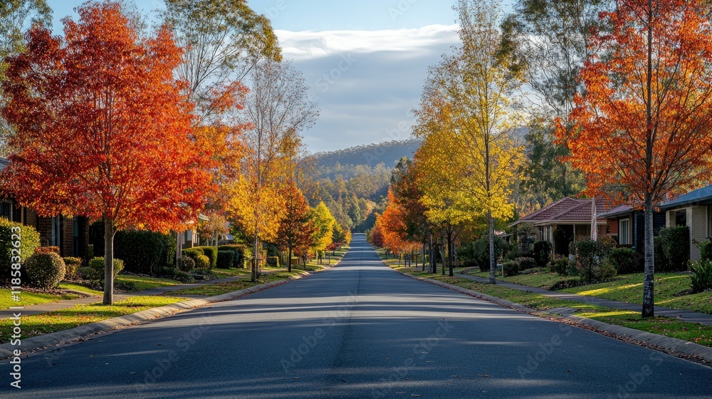 Autumnal Serenity: Residential Street Bathed in Golden and Red Hues Autumnal Serenity: Residential Street Bathed in Golden and Red Hues