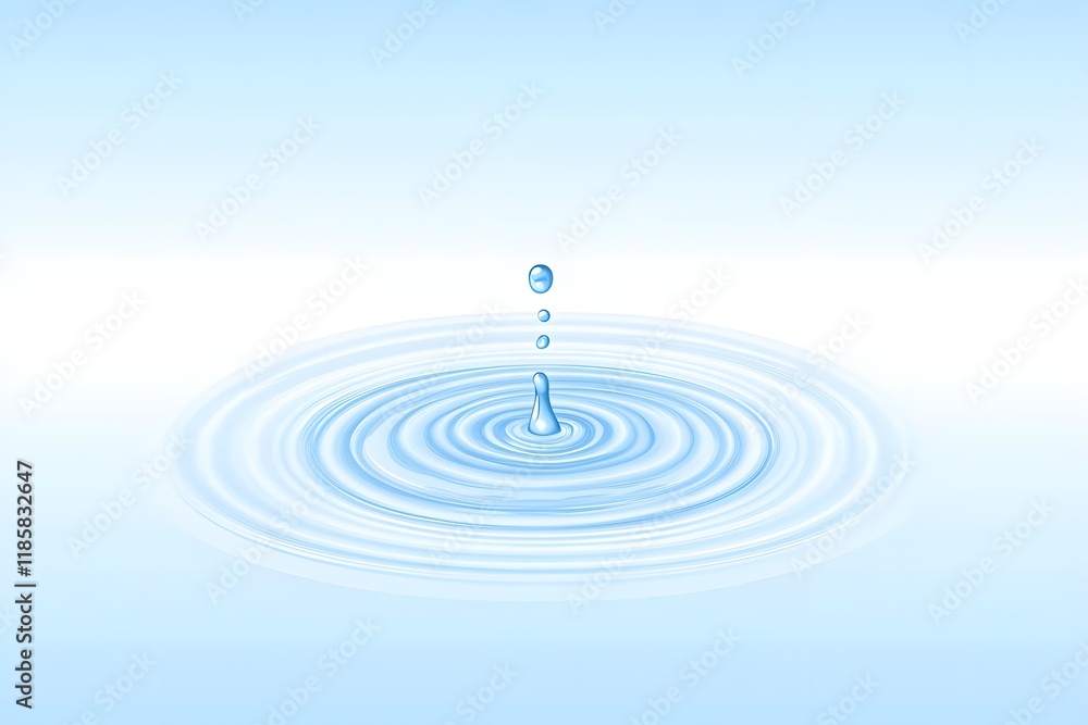 Water droplet falling, creating ripples on calm blue surface, background gradient Water droplet falling, creating ripples on calm blue surface, background gradient