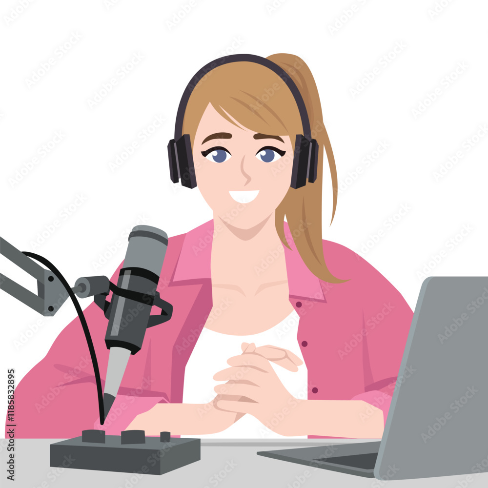 Podcaster woman character talking with the audience. Flat vector character illustration Podcaster woman character talking with the audience. Flat vector character illustration