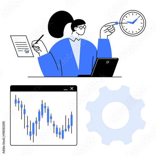 Woman multitasking with laptop and presenting a document, pointing to clock. Financial chart and gear icon. Ideal for finance, business, productivity, time management, multitasking, data analysis